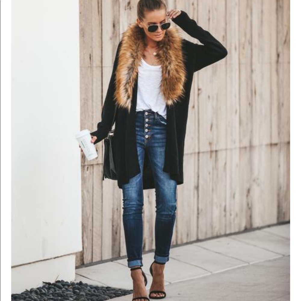 Vici Black Cardigan with Brown Faux Fur Collar